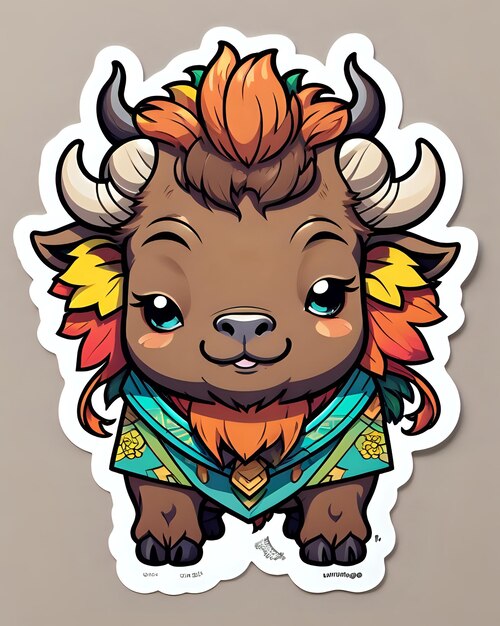 Ilustración de una linda pegatina de Bison con colores vibrantes y una expresión lúdica