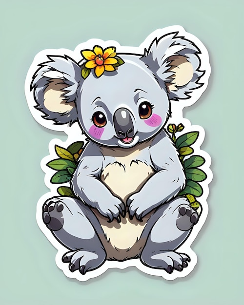 Foto ilustración de una linda pegatina de koala con colores vibrantes y una expresión lúdica