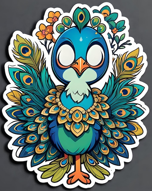 Ilustración de una linda pegatina de pavo real con colores vibrantes y una expresión lúdica