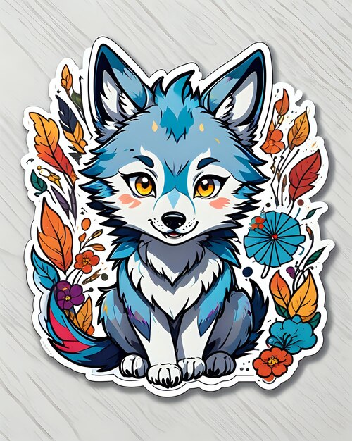 Ilustración de una linda pegatina Wolf con colores vibrantes y una expresión lúdica