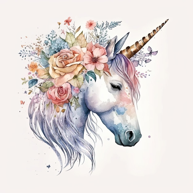 Ilustración linda del unicornio de la acuarela AI GenerativexD