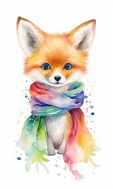 Ilustración linda del zorro rojo de la acuarela que lleva un ai generativo del arte de la pared del cuarto de niños de la bufanda colorida