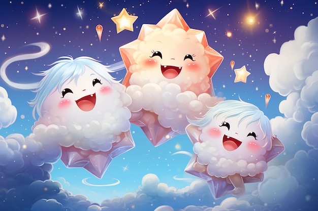 Ilustración de lindas nubes de dibujos animados en el cielo con estrellas y luna