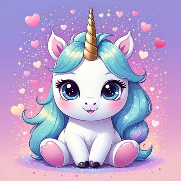 Ilustración de un lindo bebé unicornio mágico en estilo kawaii