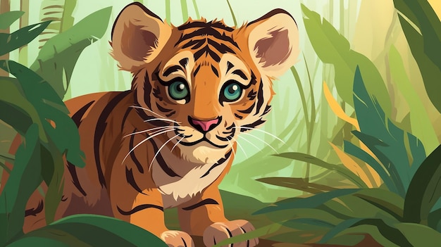 Una ilustración de un lindo cachorro de tigre en la selva generada por la IA