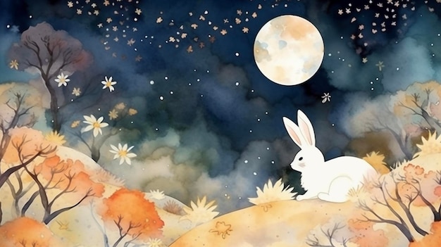 Ilustración de un lindo conejo blanco sentado en una colina a la luz de la luna