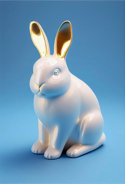 ilustración con lindo conejo de cerámica blanca de Pascua, decoración de lámina de oro