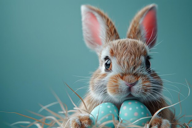 Foto ilustración de un lindo conejo de pascua con huevos de pascua coloridos en un fondo azul monocromático