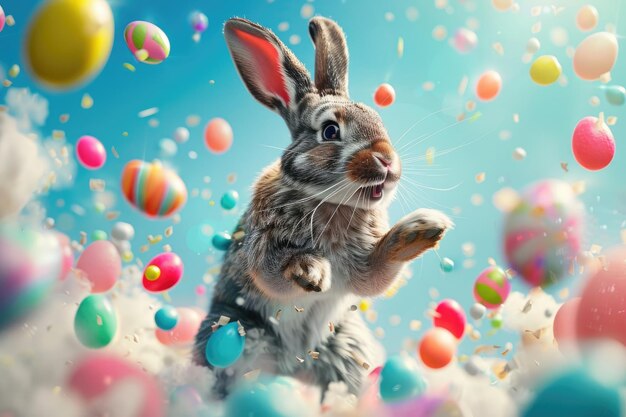 Foto ilustración de un lindo conejo de pascua con huevos de pascua coloridos en un fondo azul monocromático