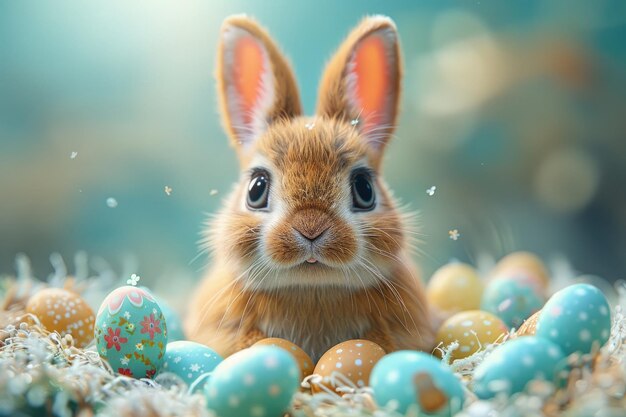 Ilustración de un lindo conejo de Pascua con huevos de Pascua coloridos en un fondo azul monocromático