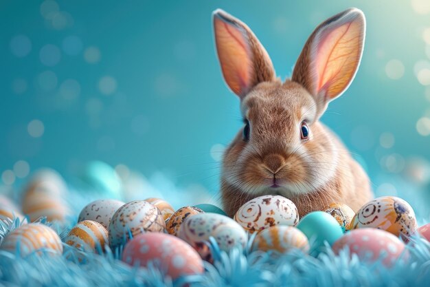 Foto ilustración de un lindo conejo de pascua con huevos de pascua coloridos en un fondo azul monocromático