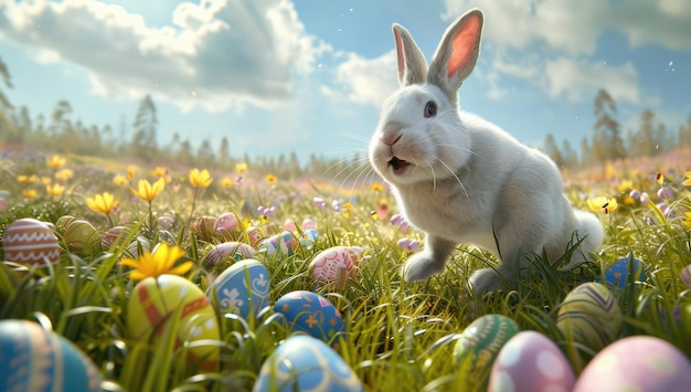 Ilustración de un lindo conejo de Pascua saltando entre huevos de Pascua coloridos en un césped verde