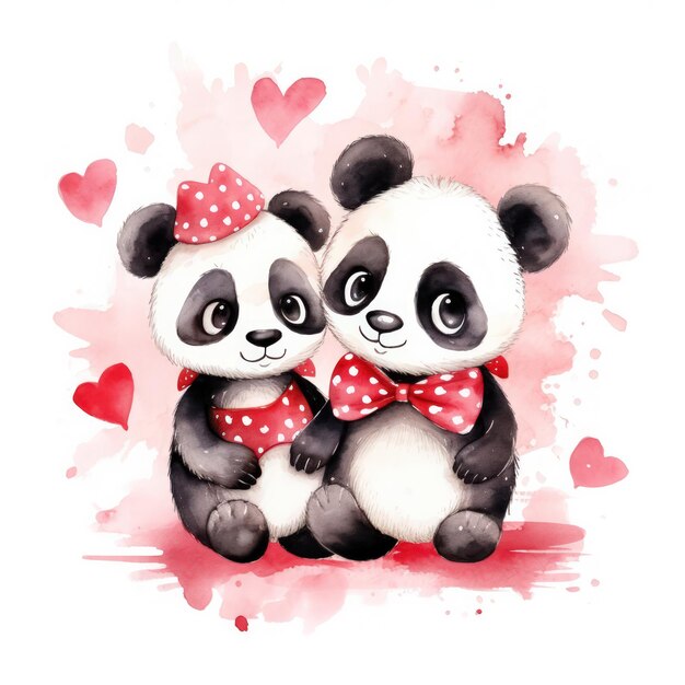 una ilustración de un lindo dos pandas con corazones aislados