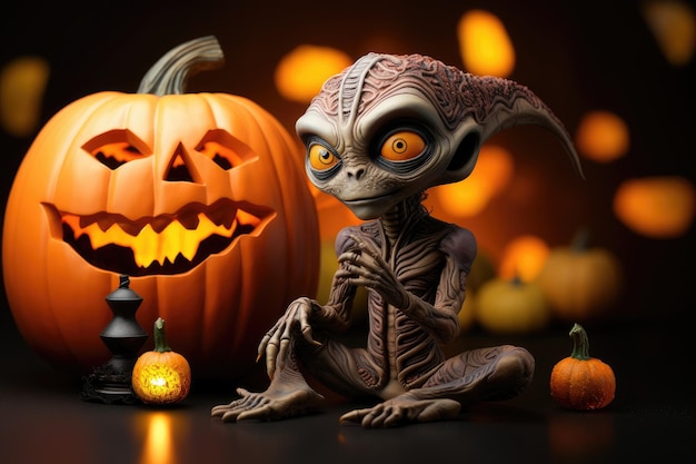 ilustración de lindo y espeluznante monstruo alienígena de Halloween con calabaza para la celebración de Halloween