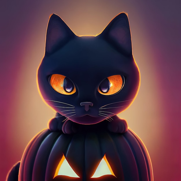 Ilustración de un lindo gato negro de halloween con ilustración animada de gato negro de calabaza malvada