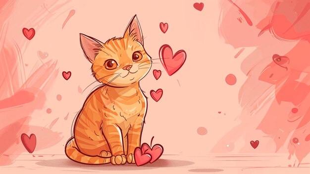 Ilustración de un lindo gato rojo con valentines en el fondo