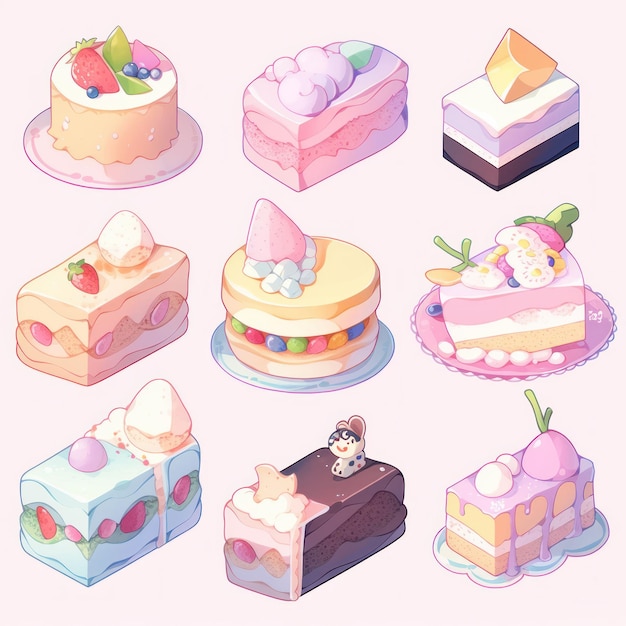 Ilustración lindo juego de pastel y color pastel de postre Creado con tecnología de IA generativa