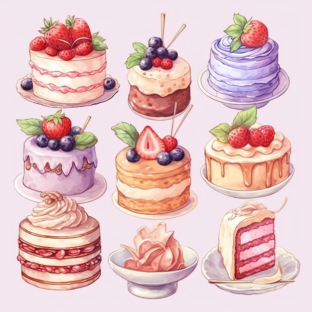 ilustración lindo juego de pastel y postre