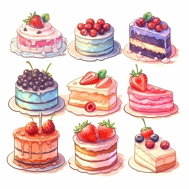 ilustración lindo juego de pastel y postre