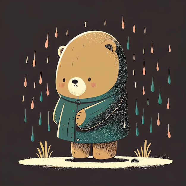 Ilustración lindo oso de peluche parado solo en un día lluvioso Creado con tecnología de IA generativa