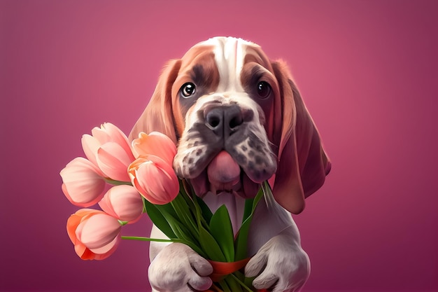 Ilustración de lindo perro dando flores en fondo rosa AI