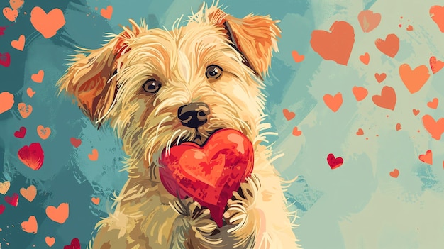 Ilustración de un lindo perro sosteniendo una valentina en sus patas