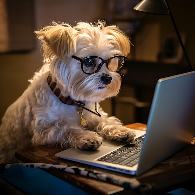 Ilustración de un lindo perro trabajando en una computadora portátil en una hora tardía administrando la fecha límite en el trabajo Beaver Yorkshire Terrier perro mirando a la computadora portatil trabajando en gafas generadas por IA