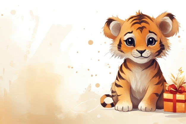 Ilustración de un lindo tigre con regalo de cumpleaños Cartón de felicitación de cumpleañas cartel de cartel para niños
