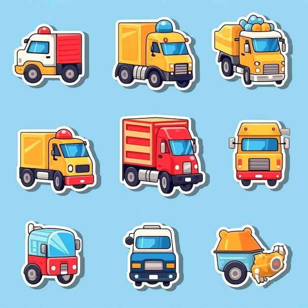 Ilustración para lindos iconos de camiones planos set pegatina isométrica