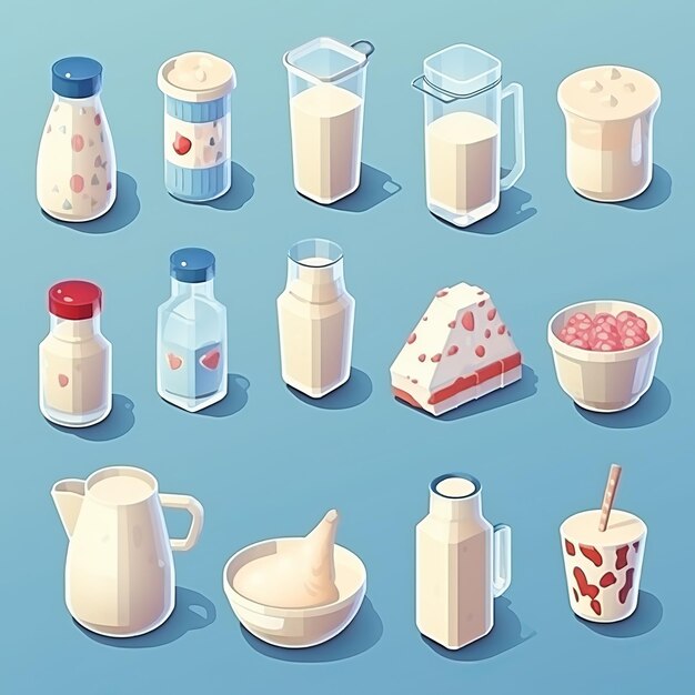 Ilustración para lindos iconos de leche plana set pegatina isométrica