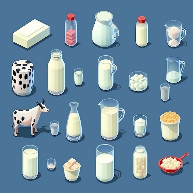 Foto ilustración para lindos iconos de leche plana set pegatina isométrica