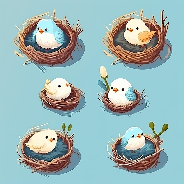 Foto ilustración para lindos iconos de nido de pájaro plano set pegatina isométrica