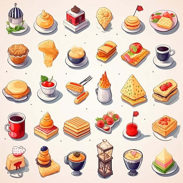 Ilustración para lindos iconos planos de comida francesa conjunto de pegatinas isométricas