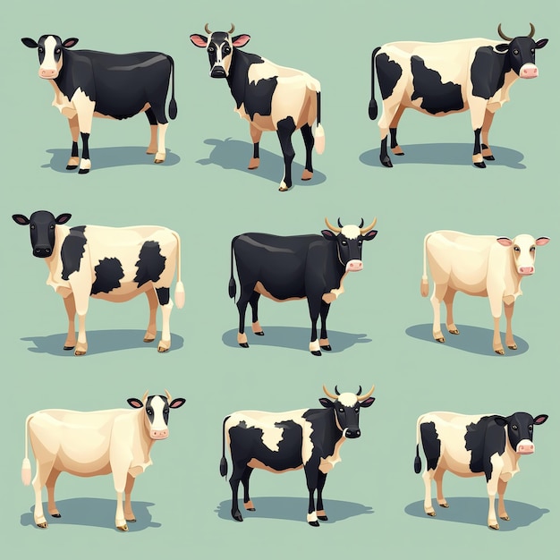 Foto ilustración para lindos iconos de vaca plana set etiqueta isométrica