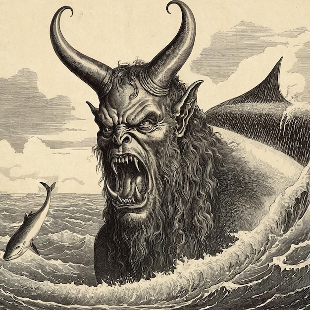 Ilustración litográfica gráfica de estilo vintage de un diablo marino de fantasía