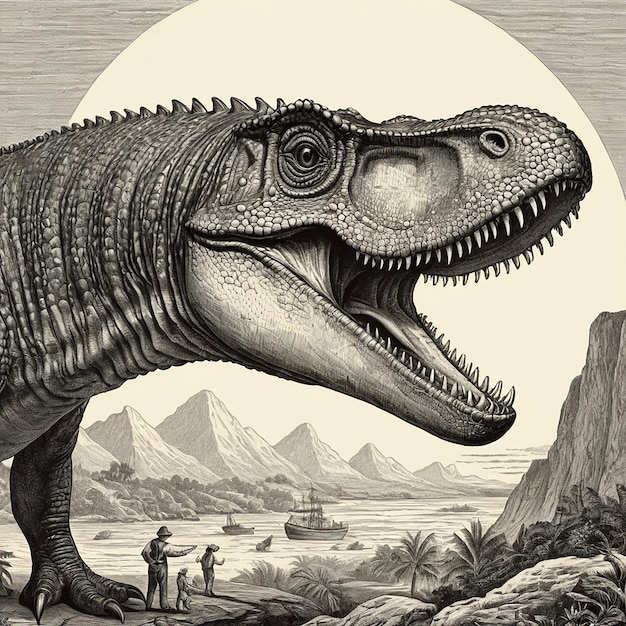 Ilustración litográfica gráfica de estilo vintage de un dinosaurio de fantasía