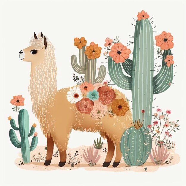 Foto ilustración de una llama con flores y cactus en el desierto generativo ai