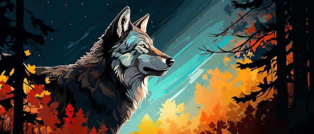 Ilustración del lobo guardián del bosque de pie en medio del bosque