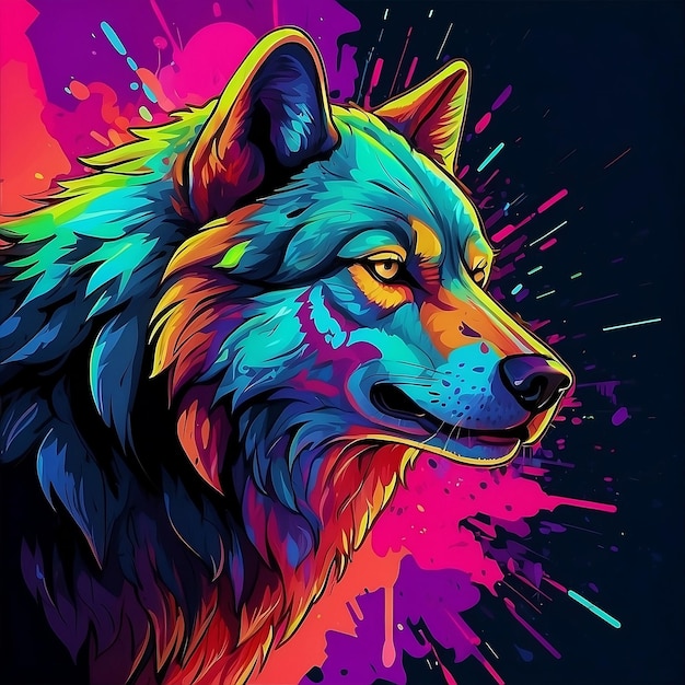 Foto ilustración del lobo de piedra neon splash art view