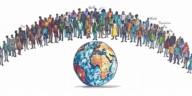 Una ilustración loca con globo y modelos humanos para el cartel escrito día de la población mundial con espacio para texto o producto IA generativa