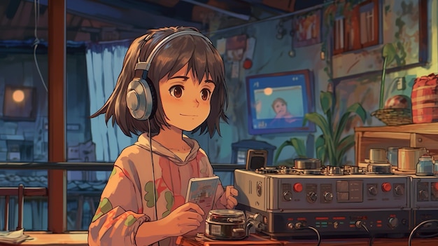 Ilustración Lofi de una niña encantadora con un walkman