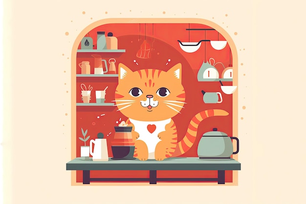 Ilustración de logotipo lindo gato rojo trabajando en una cafetería haciendo café