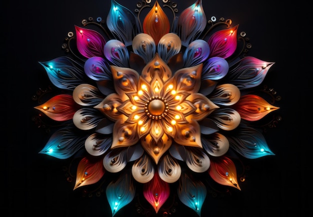 Ilustración de loto mandala colorido de lujo en fondo oscuro