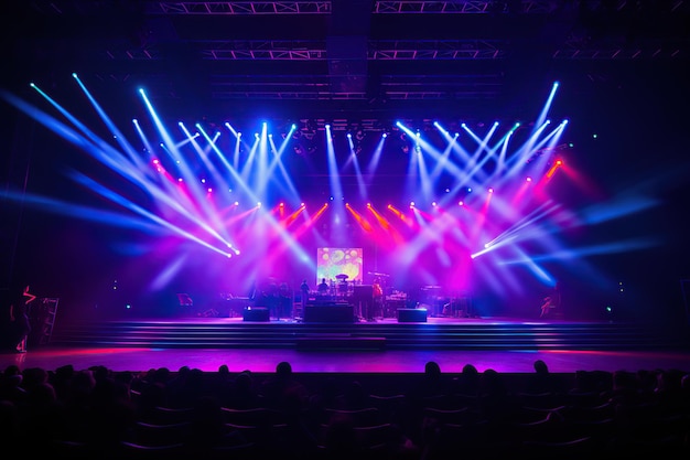 Ilustración de luces de neón de colores en el escenario durante el concierto de música