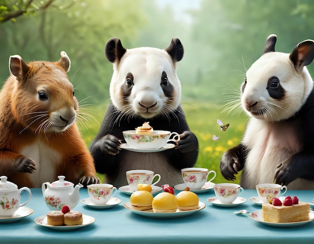 Foto una ilustración lúdica de animales teniendo una fiesta de té