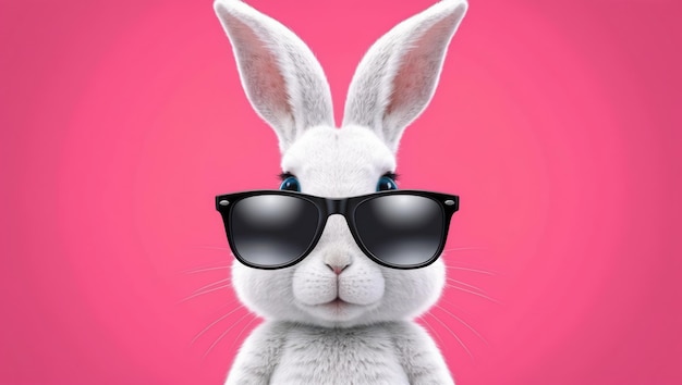 Una ilustración lúdica de un conejo con gafas de sol contra un fondo rosado