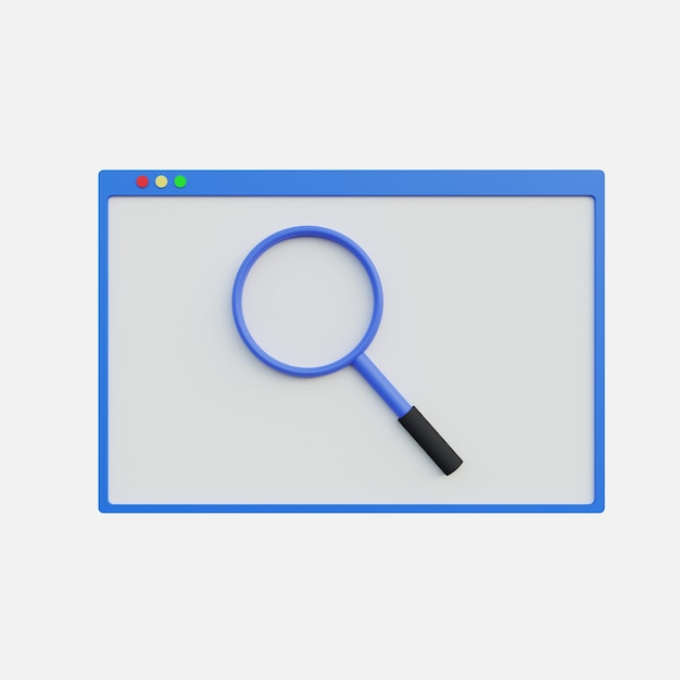Ilustración de lupa 3d en el sitio web sobre fondo blanco