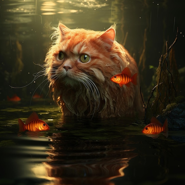 Foto ilustración de la luz del bosque pantanoso del bosque del cuerpo del pez de la cabeza del gato persa