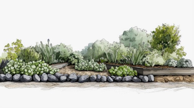 Foto ilustración de macizos de flores con piedras y plantas en el jardín sobre un fondo blanco