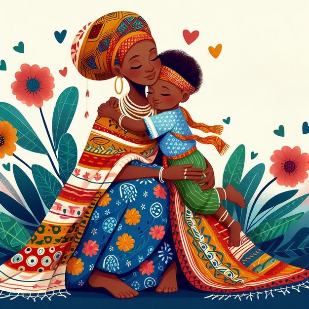 Ilustración de una madre abrazando a un niño con ropa tradicional con el texto Día de las Madres